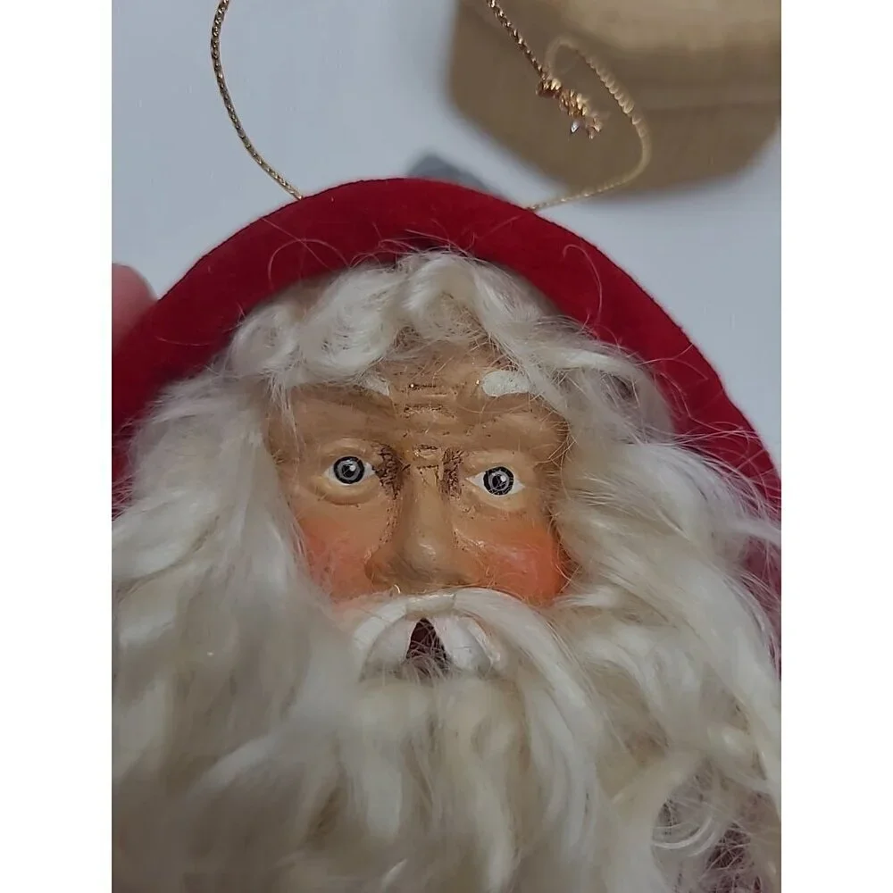 Old World Santa Head Saint Nick Ornament Painted Face Details Patchwork Hood